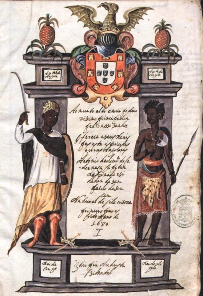 Le roi du
                Congo et le roi d'Angola, aquarelle sur papier d'Antonio
                de Oliveira Cadornega, extraite du manuscrit « Histoire
                générale des guerres angolaises », 1680.